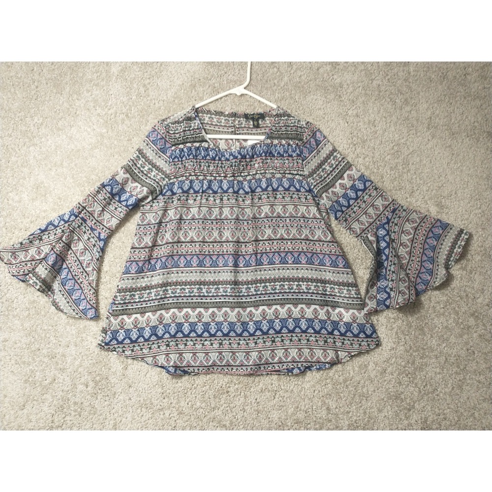 Jessica Simpson Shirt Womens Small Gray Blue NWT Semi Shear Bell Sleeve Ladies